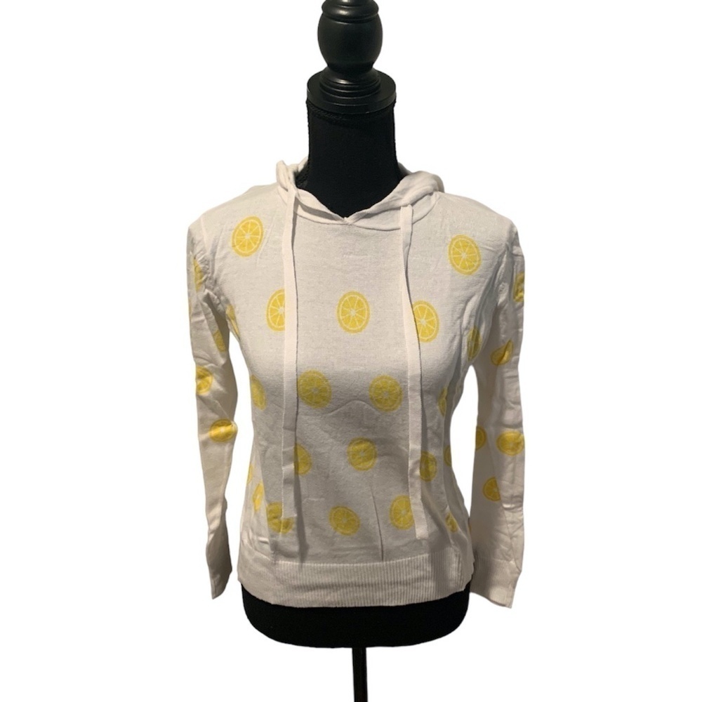 Aqua Pullover Lightweight Lemon Print Hooded Sweater XS NWT